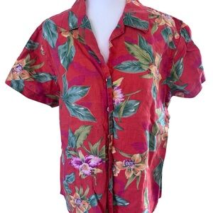 Ralph Lauren 100% Linen Red Tropical Floral Button Front Blouse Size L
